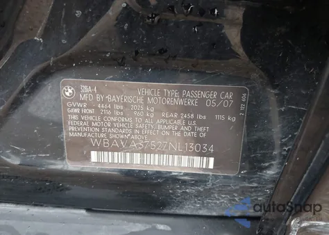 2007 BMW 328I из США, поврежденный, VIN WBAVA37527NL13034